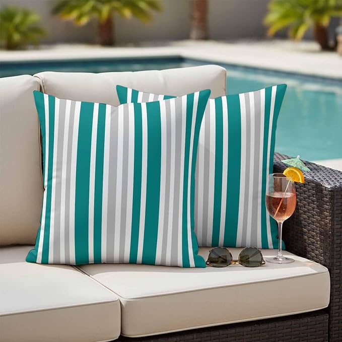 Teal Grey Stripe Outdoor Pillow Covers 18x18 Inch Throw Pillow Covers Set of 2 Waterproof Decorative Pillow Cases Farmhouse Minimalist Striped Cushion Covers for Patio Furniture Garden Couch Sofa