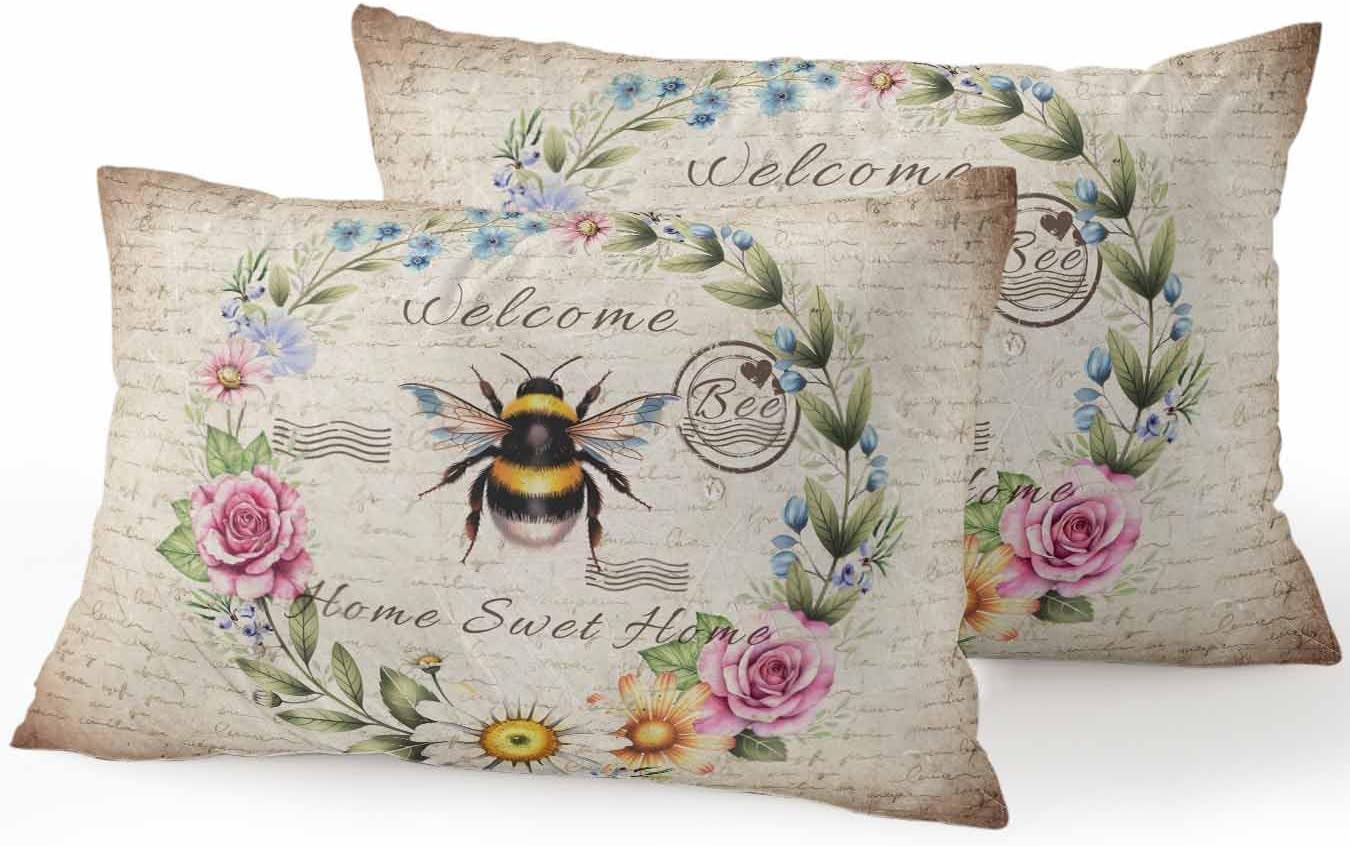 Outdoor Waterproof Throw Pillows Farmhouse Flower Leaf Wreath Patio Pillows Pack of 2,Decorative Pillow Covers with Insert,Pillow Cushion Case for Garden Couch Sofa Rustic Bee Retro Letter