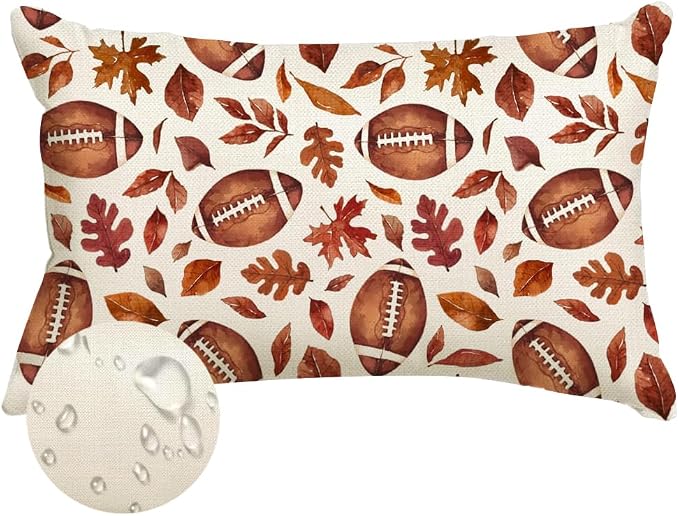 RABUSOFA Fall Football Outdoor Pillow Covers 12x20 Waterproof,Maple Leaves Autumn Lumbar Cushion Case Decoration for Home Sofa Couch Indoor (Brown, 20" x 12")