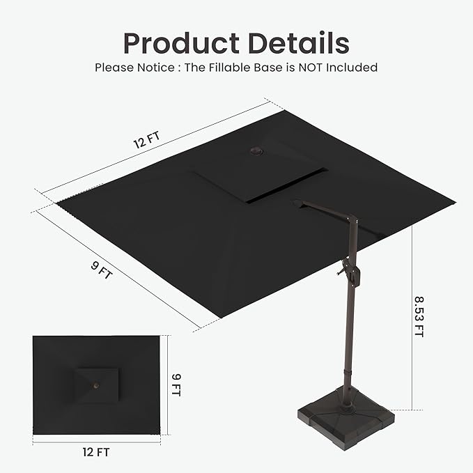 9x12 FT Cantilever Patio Umbrella with Led Lights Double Top Outdoor Rectangular Large Heavy Duty Aluminum Offset Umbrellas with 7 Level Tilt 360-degree Rotation for Pool Garden Deck, Black