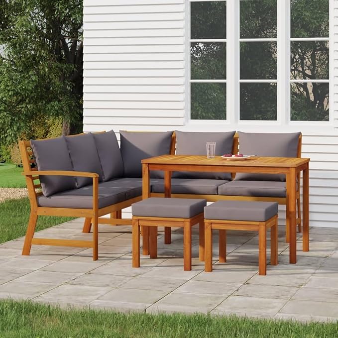 6 Piece Patio Dining Set with Cushions Solid Wood Acacia Outdoor Garden Furniture Table Benches Corner Sofa Footstools for Lawn Backyard Deck Entertaining