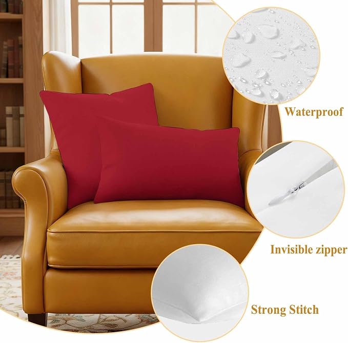 Red Outdoor Pillow Covers 20"x12" Set of 2, Solid Color Waterproof Throw Pillow Covers for Patio Furniture, Decorative Cushion Covers for Porch