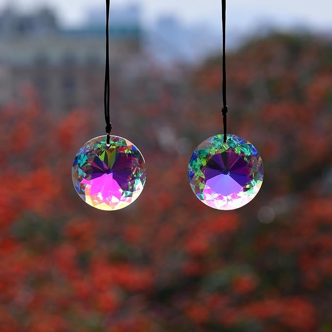 2PCS Circle Crystal Suncatcher Prisms for Windows (Circle ABColor) | AB Color, Transparent, K9 Glass, Rainbow Maker, with Hooks & Cord
