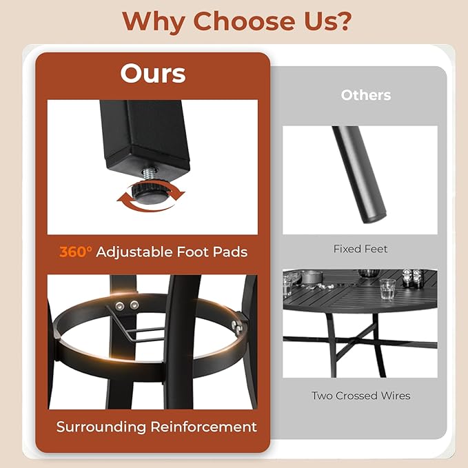 TLSUNNY 3 Piece Patio Dining Set for 2, Outdoor Table and Chairs W/1.57"-1.8" Adjustable Umbrella Hole & Foot Pads, 27.6" Round Metal Table and Patio 360° Swivel Chair, Rocking not Included (Brown)