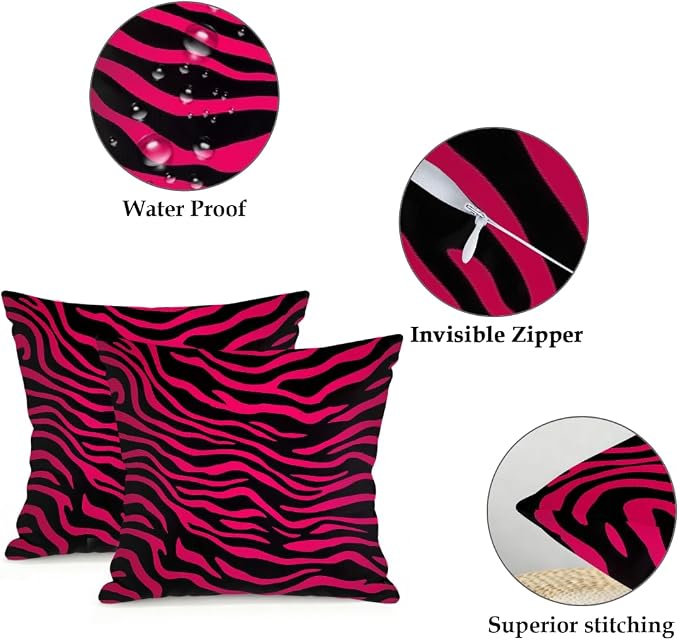 18x18 Inch Outdoor Pillow Covers Set of 2 Waterproof Throw Pillow Covers Decorative Couch Cushion Covers Hot Pink Black Zebra Print Square Pillowcases Protectors for Patio Garden Sofa