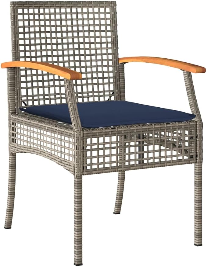 3 Piece Patio Dining Set with Cushions Gray Poly Rattan Outdoor Furniture Table and 2 Chairs for Garden Backyard, Navy Blue Cushions with Removable Covers, Tempered Glass UV-Proof Steel Frame