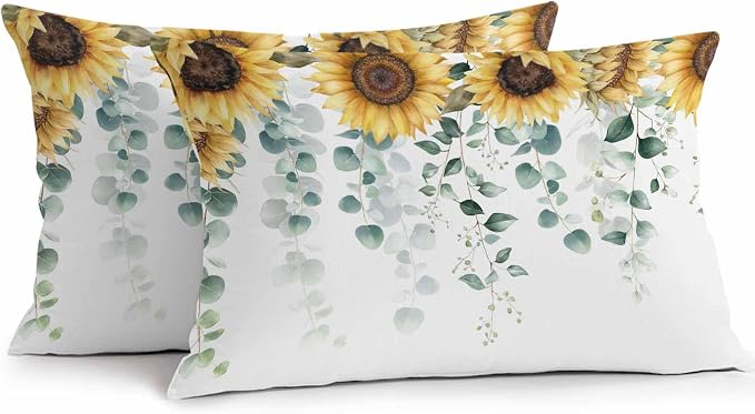 Vandarllin Outdoor Throw Pillows Covers 20x12 inch Set of 2 Waterproof Green Eucalyptus Leaves Decorative Zippered Cushion Covers for Patio Furniture, Watercolor Sunflower Lumbar Pillowcases