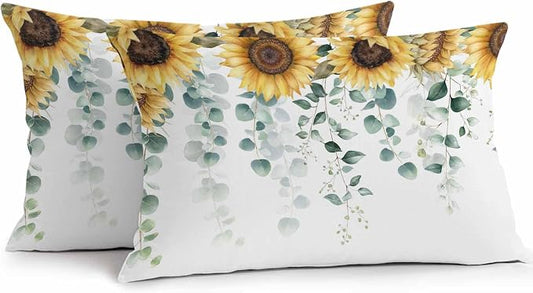 Vandarllin Outdoor Throw Pillows Covers 20x12 inch Set of 2 Waterproof Green Eucalyptus Leaves Decorative Zippered Cushion Covers for Patio Furniture, Watercolor Sunflower Lumbar Pillowcases