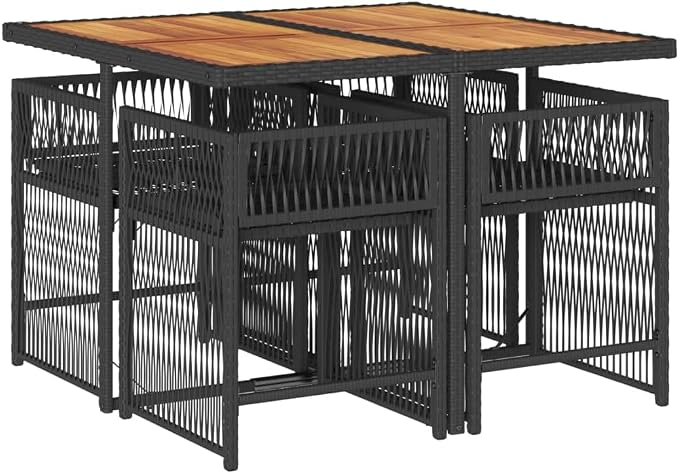 5 Piece Garden Dining Set Black Cream White Outdoor Patio Table with 4 Chairs Cushions Weather Resistant Steel Frame Acacia Wood Top Poly Rattan for Backyard Deck Entertaining