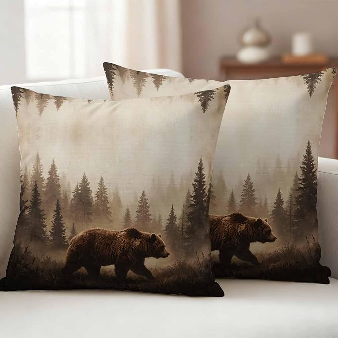 Yukro Nature Landscape Outdoor Waterproof Pillow Covers Pack of 2, Rustic Brown Bear Misty Forest Pine Tree Throw Pillowcases Decorative Cushion Covers for Garden Patio Tent Sofa Couch, 20x20 inch