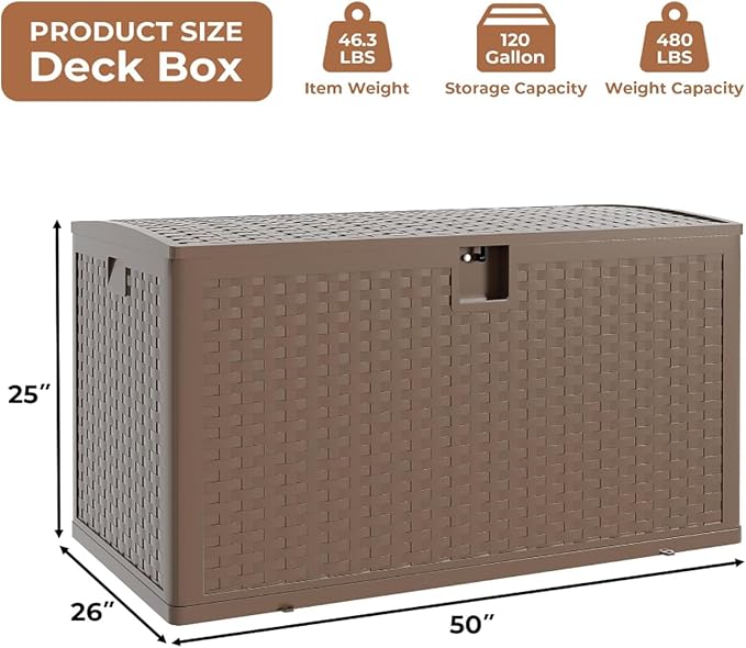 73 gal Brown Resin Deck Box, Outdoor Storage Box with Lockable Lid & Weatherproof Design, Extra Large Patio Storage Container for Garden Tools, Pool Toys, Furniture Cushions, Brown