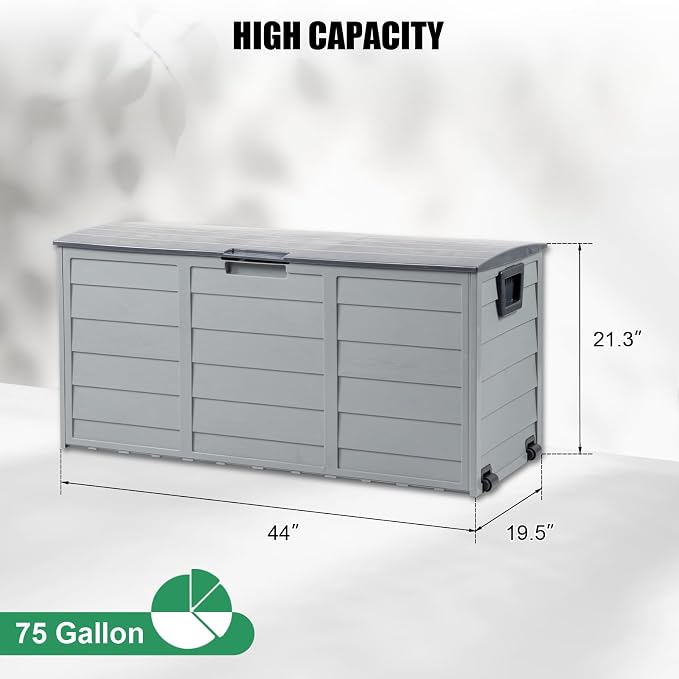 VINGLI 75 Gallon Resin Outdoor Deck Box, 75 Gallon Patio Storage Box with Side Handles, Lockable Storage Containers for Patio Furniture Cushions, Pool Accessories, Garden Tools, Grey