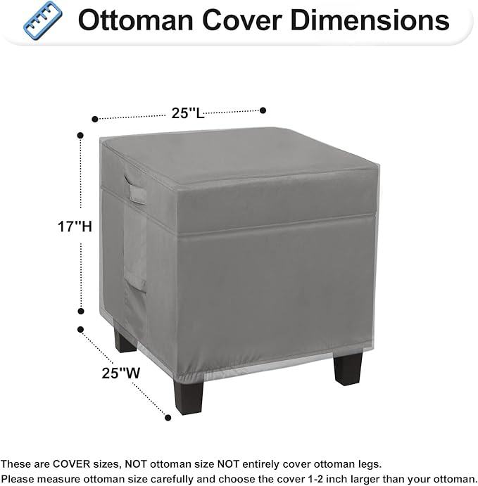 OutdoorLines Outdoor Waterproof Patio Ottoman Covers - Square UV-Proof Patio Side Table Cover Windproof Heavy-Duty Furniture Covering Protector 25L x 25W x 17H Inch, Grey