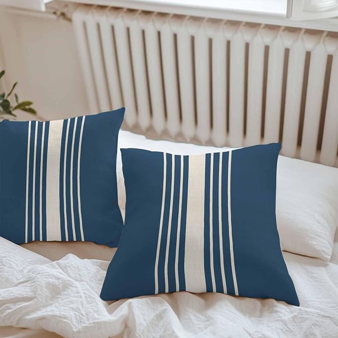 Throw Pillow Covers 26x26 Inch Set of 2, Navy Blue Beige Striped Waterproof Outdoor Cushion Covers, Modern Farmhouse Retro Lines Decorative Pillowcases for Couch, Sofa, Bed, Garden, Patio