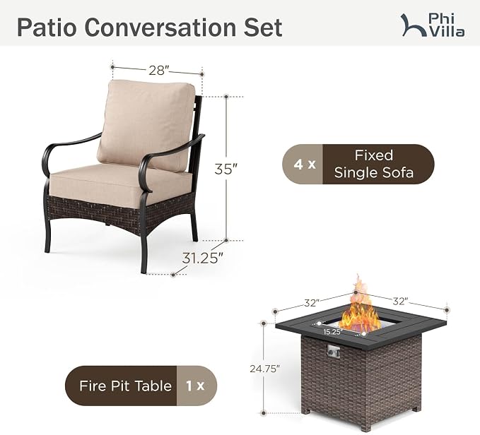 Patio Furniture Set with 32" Fire Pit Table,Patio Conversation Sets 4 Fixed Chairs with Thick Cushion and 50000 BTU Fire Pit Table (5 Pieces,Beige)