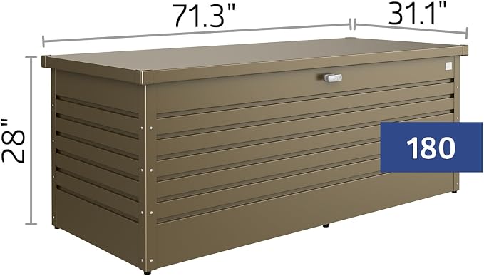 Biohort LeisureTime 210 Gallon Metal Deck Box, Bronze | 71 L x 31 W x 27.9 H, Durable Large Outdoor Storage, Locking, Waterproof, Soft Close, Tools, Cushions, Pool, 20 Year Warranty
