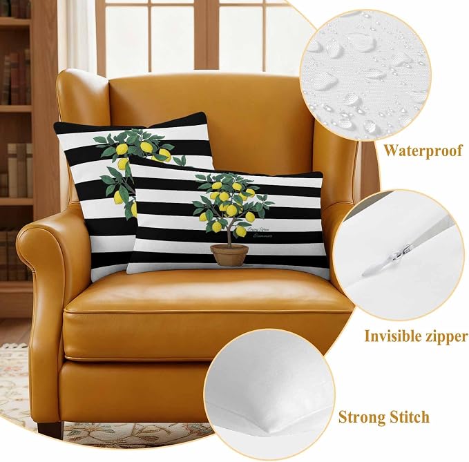 Summer Lemons Outdoor Waterproof Pillow Covers Set of 2, Yellow Fruit Leaf Black White Striped Abstract Pillowcase Decorative Throw Cushion Cases for Patio Garden Couch 24 x 24 Inches