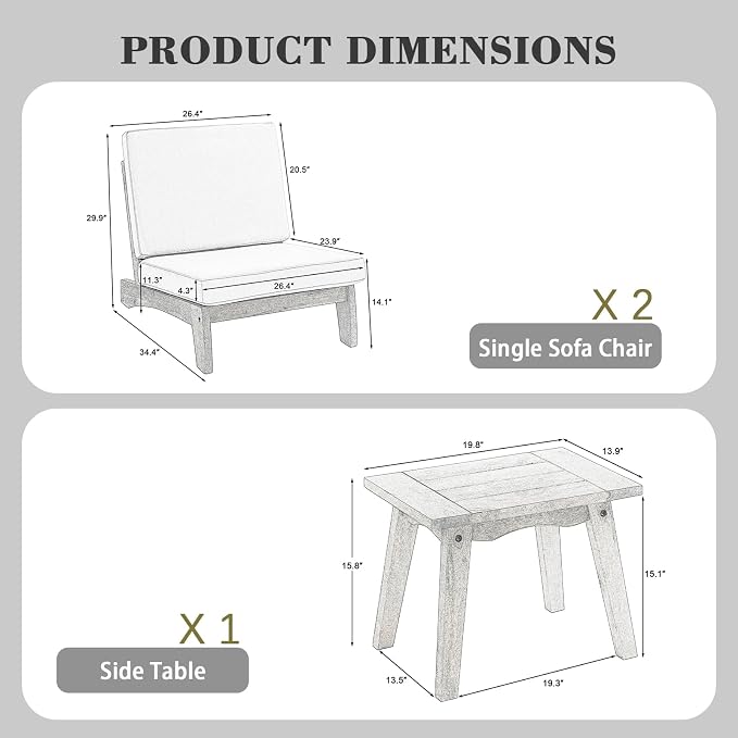 3 Piece Wood Patio Chair Outdoor Bistro Set, All Weather Outdoor Furniture Patio Sofa Chair Backyard Seating Group Conversation Sets with Wooden Side Table - Gray