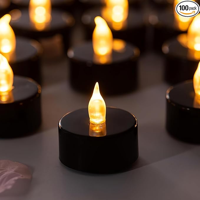 Tea Lights Battery Operated Candles LED Tea Lights Flameless Candles 200+ Hours Flickering Fake Tealights for Halloween, Christmas Aniversary Home Table Decor(Black, 100 Pack)