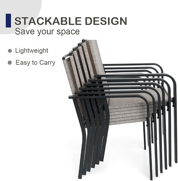 Anmutig 5-Piece Outdoor Patio Dining Set 37-Inch Square Glass Table with 4 Stackable Chairs for Lawn Backyard and Deck, Grey