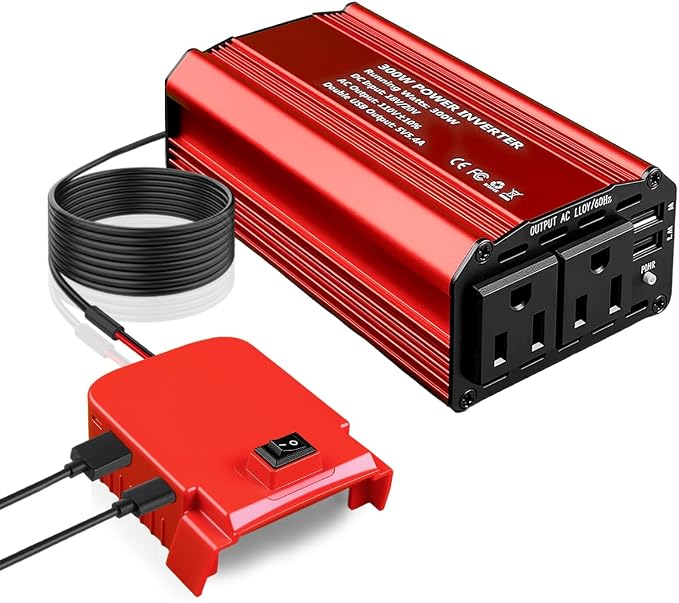 300W Portable Power Inverter Compatible with Milwaukee, DC 18V/20V to AC 110V-120V, Power Converters with 3 USB 1 Type C 2 AC Outlets, Portable Power Station for Vehicles Camping Road Trip