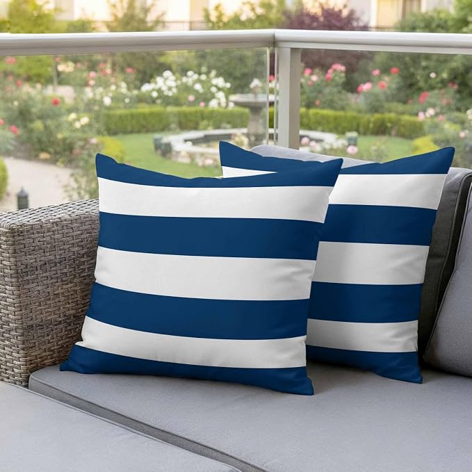 Outdoor Pillow Covers Set of 2, Blue White Stripes Color Block Geometric Decorative Throw Pillow Covers 16X16IN, Classic Modern Style Throw Pillows Protector Cushion Case for Patio,Couch,Sofa,Garden