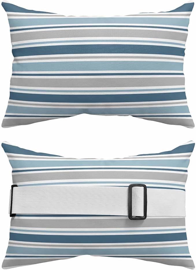 Pack of 2 Outdoor Lumbar Pillow Covers 12x20 Inch, Blue Grey Striped Waterproof Throw Pillow Covers Set, Farmhouse Stripes Modern Abstract Art Outside Decorative Cushion Cases for Patio Porch Car