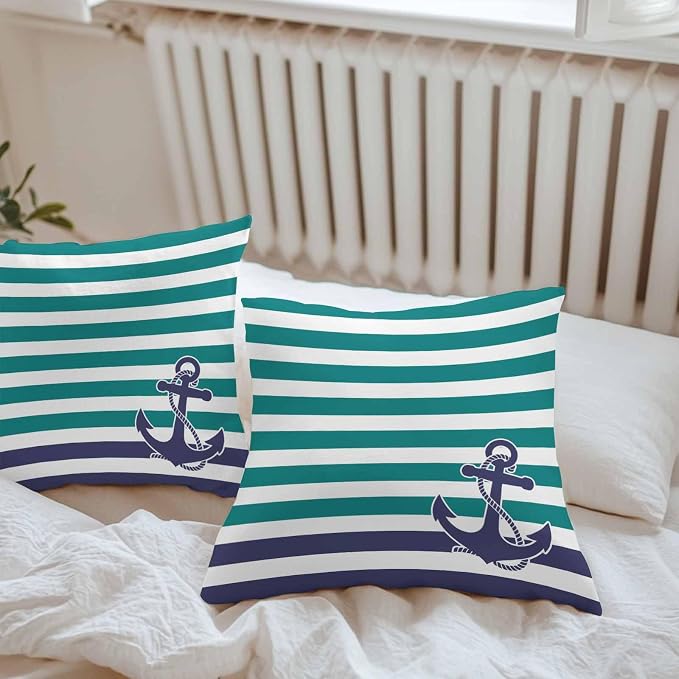 Throw Pillow Covers 24x24 Inch Set of 2, Anchor Teal Waterproof Outdoor Cushion Covers, Modern Navy Blue White Striped Nautical Decorative Pillowcases for Couch, Sofa, Bed, Garden, Patio