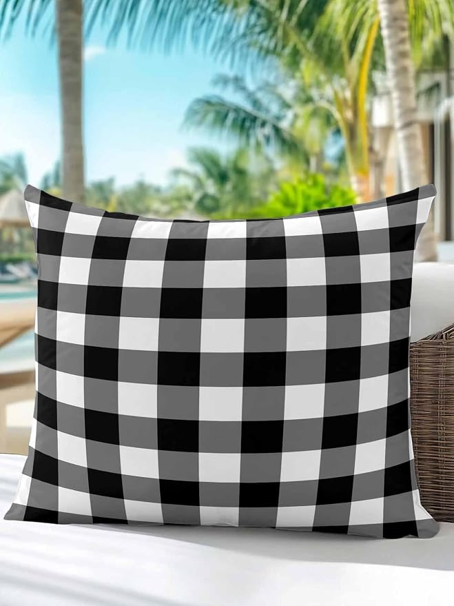 Waterproof Outdoor Pillow 1 Pack Black Buffalo Plaid Decorative Throw Pillows Cover & Insert 16x16 Inch Pillowcase Check Lines Square Pillows for Couch Sofa Bed Patio Furniture Indoor Outdoor
