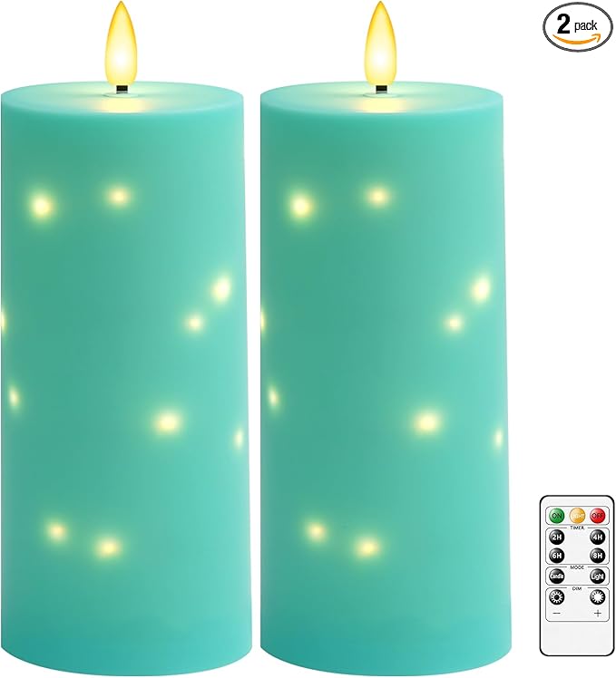 kakoya 10" x 4" Large Outdoor Waterproof Flickering Flameless Candles with Timer,2Pcs Battery Operated LED Pillar Candles with Embedded Star String for Outdoor Lanterns,Porch,Patio Decor(Blue)