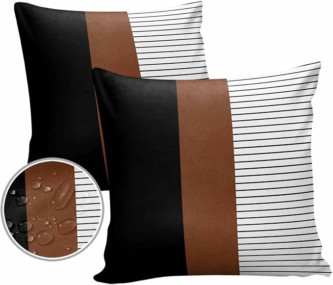 Outdoor Waterproof Throw Pillow Covers Set of 2 Brown Black Lines Pillowcases 18x18 Inches Boho Style Patio Decorative Pillows Cushion Case Patio Pillows for Couch Bed Chair Garden