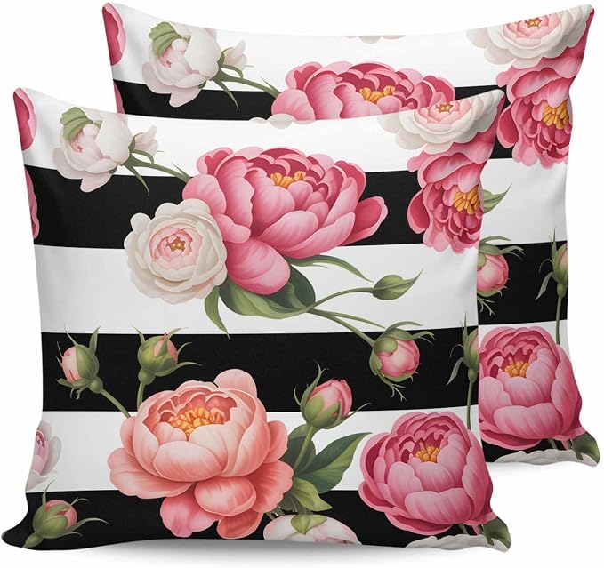 Outdoor Waterproof Throw Pillow Covers Set of 2 Pink Peony Rose Pillowcases 24x24 Inches Floral Black Stripes Decorative Pillows Cushion Case Patio Pillows for Couch Bed Chair Garden