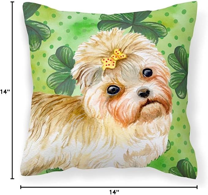 Caroline's Treasures BB9842PW1414 Morkie St Patrick's Fabric Decorative Pillow, Green Machine Washable, Indoor Outdoor Decorative Pillow for Couch, Bed or Patio, 14Hx14W