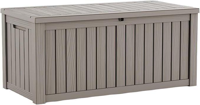 LAUSAINT HOME 150 Gallon Resin Deck Box with Hydraulic Pistons, Extra Large Waterproof Outdoor Storage Bench for Large Cushions, Lockable Patio Bin for Pool and Garden (Light Brown)
