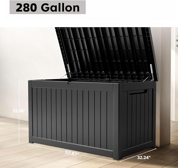 Outdoor Storage Deck Box, Large Patio Container for Garden Tools, Cushions and Yard Accessorie.Lockable Waterproof Resin Weatherproof Storage Container (Black, 280 Gallon)