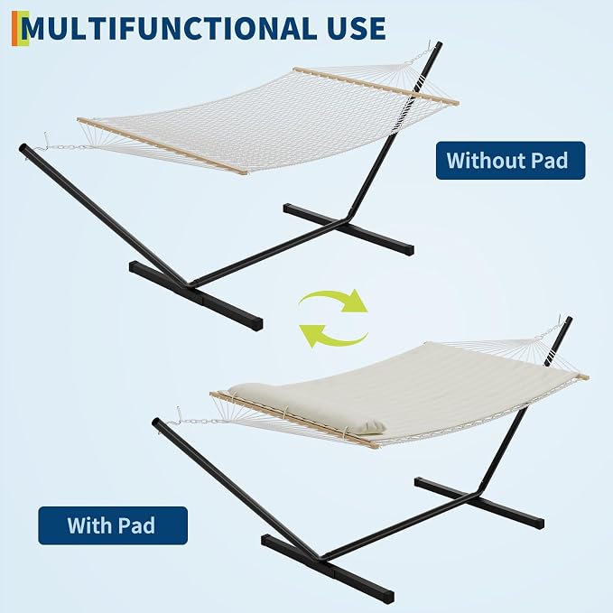 Double Hammock with Stand Curved-Bar Hammock, 450 Lb Capacity, Perfect for Outdoor Indoor Backyard Patio Beach