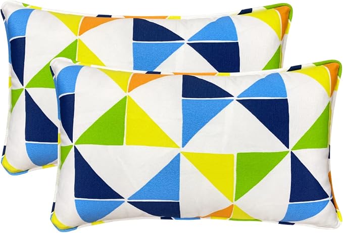 Pack of 2 Outdoor Waterproof Decorative Lumbar Pillows with Inserts for Patio Furniture, 20x12 Inch Fade Resistant Patio Garden Lumbar Cushions for Couch Bed Sofa, Triangular Multi