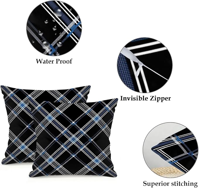 22x22 Inch Outdoor Pillow Covers Set of 2 Waterproof Throw Pillow Covers Decorative Couch Cushion Covers Black Checkered Grey Square Pillowcases Protectors for Patio Garden Sofa