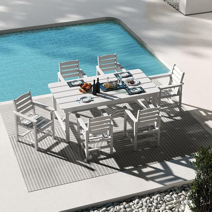 Outdoor HDPE Dining Set 7 Pieces, Patio Table with Umbrella Hole and 6 Chairs, All Weather Patio Furniture for Lawn, Garden, Backyard, Deck, Poolside, Heavy Duty Outdoor Dining Table and Chairs, White