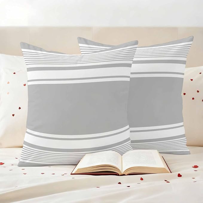 Outdoor Waterproof Throw Pillow Covers, Grey Striped Decorative Pillow Cases, Modern Color Block Farmhouse Stripes Couch Pillow Protector Patio Sofa Cushion Covers Replacement 26"x26" 2 Pack