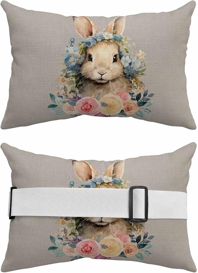 Chaise Lounge Head Resting Pillows,Easter Rabbit Watercolor Flower Floral Grey Outdoor Chaise Pillows,Waterproof Patio Furniture Pillows with Insert and Adjustable Elastic Strap for Beach Chair