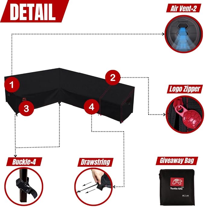 Turtle Life Patio Sectional Sofa Cover, Outdoor Heavy Duty Durable UV Water Resistant Anti-Fading L-Shaped Couch Cover, Black, L-Shaped 90in +118in(Right)