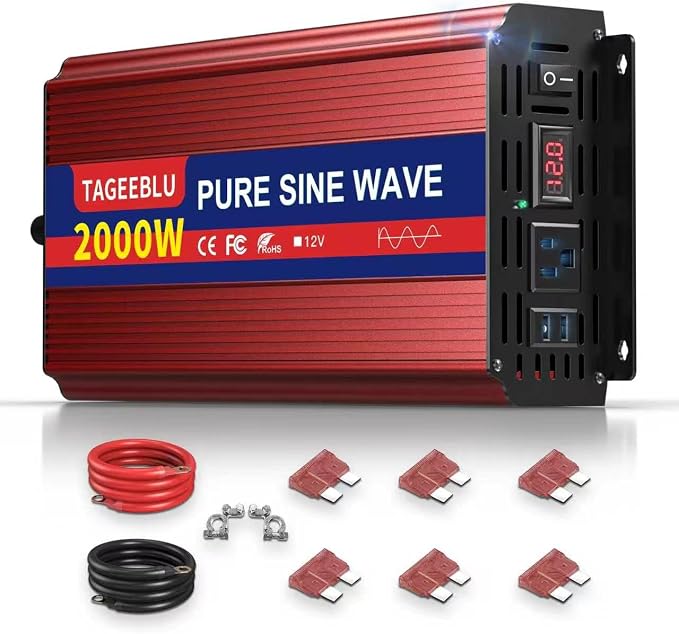 2000W Pure Sine Wave Inverter - 4000W Surge Peak, 12V DC to 110V AC Heavy Duty Power Inverter for RV, Truck, Home, Solar, Off-Grid, Outdoor, Car Converter with Dual AC Outlets and LCD Display