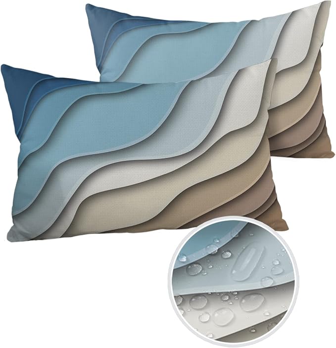 Funy Decor Outdoor Pillow Cover Geometric Blue Modern Waterproof Lumbar Throw Pillowcases Set of 2 Brown Abstract Decorative Patio Furniture Pillows for Couch Garden 20 x 12 Inches