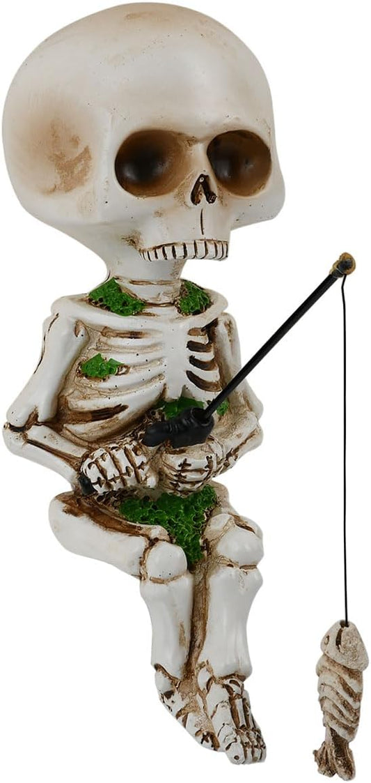 DS. DISTINCTIVE STYLE Style Fishing Skeleton Statue 4.5 Inch Mini Skull Figurines Halloween Gothic Decor Resin Cute Skull Fisher Sculpture for Outdoor Garden Pond Fountain Poolside
