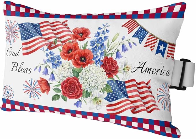 250th Anniversary Floral Outdoor Pillows for Chaise Lounge Chair Waterproof Lumbar Pillows with Insert&Adjustable Elastic Strap Beach Headrest Pillow Red Blue Stars 4th of July Neck Pillow 12"x20"