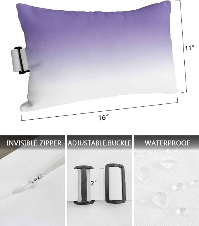 Outdoor Pillows Covers with Inserts Minimalist Purple and White Gradient Waterproof Recliner Pillow with Adjustable Strap Throw Pillows for Patio Furniture Pool Lounge Chair, 11x16 inch, 1PCS