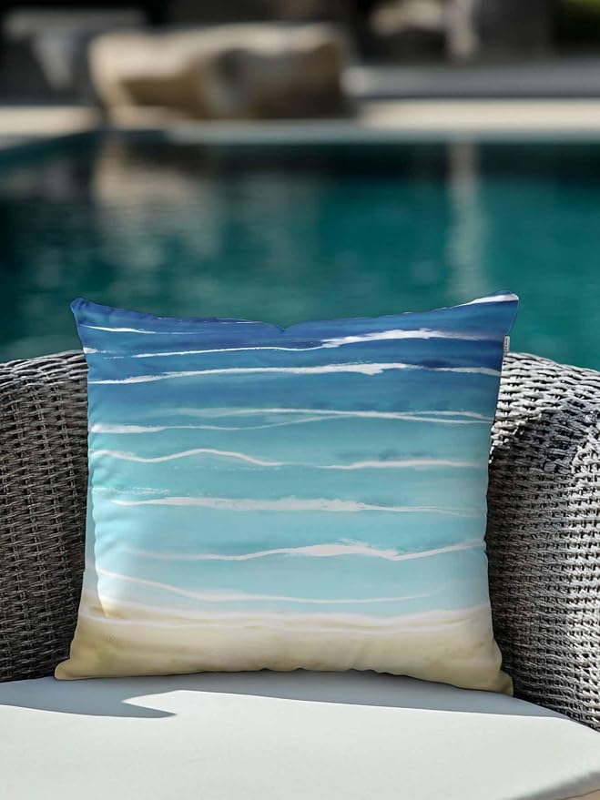 1 Pack Outdoor Pillows Waterproof, Blue Beige Ombre Indoor/Outdoor Throw Pillows with Inserts, Coastal Nautical Summer Beach Wave Decorative Pillow for Patio Furniture Chairs Couch 16"x16"