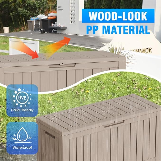 Deck Box Large Outdoor Storage for Patio Furniture,Outdoor Cushions,Garden Tools and Pool Supplies,Waterproof,Resin,Lockable (Grey, 90 Gallon)