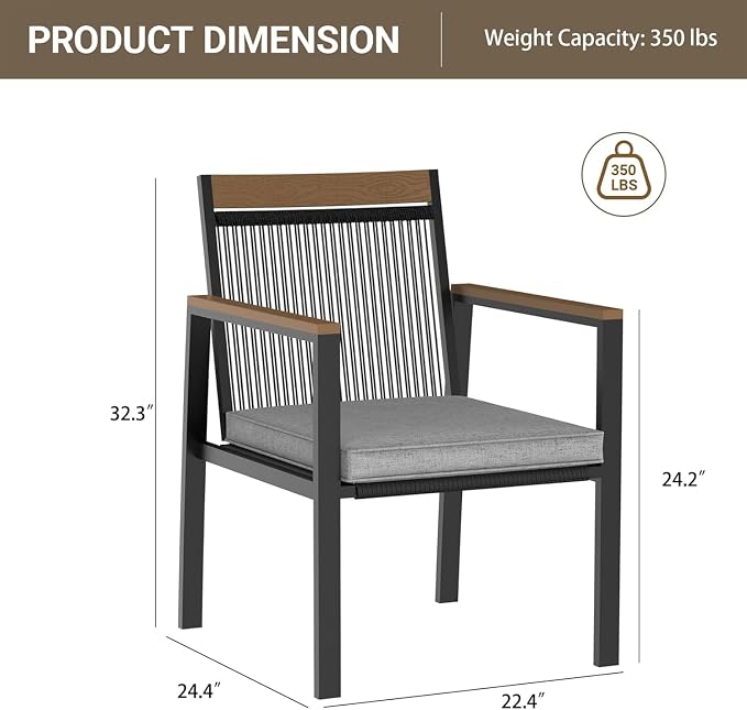 Patio Dining Chair Sets, Outdoor Metal Dining Furniture Set, 2PCS Patio Chairs with Cushions for Backyard, Deck (Black/Brown)